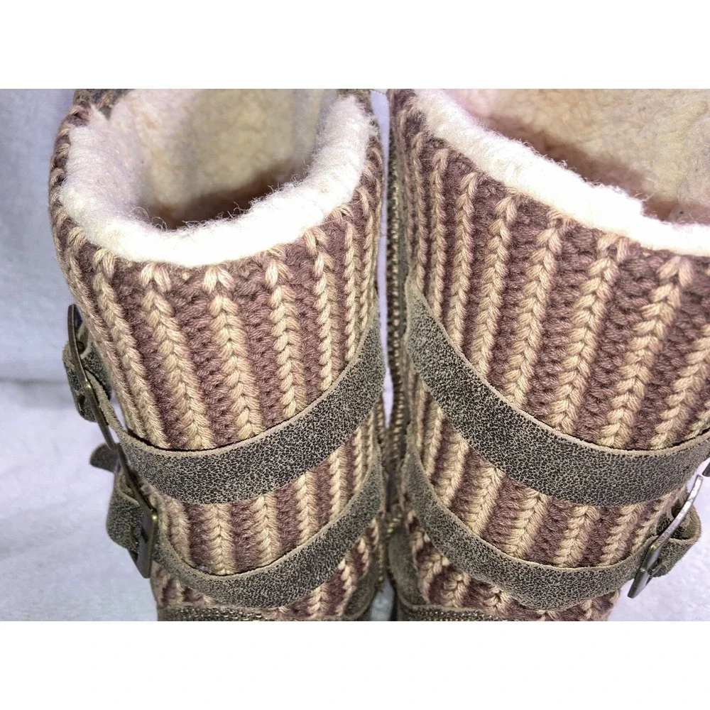 Bearpaw Womens Boots‎ Size 7 Brown Knit Mid Calf Sheepskin Lined Winter Cozy